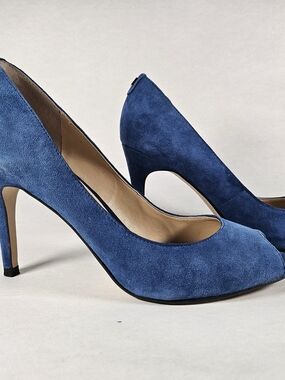 Blue Suede Peep-Toe Heels 7